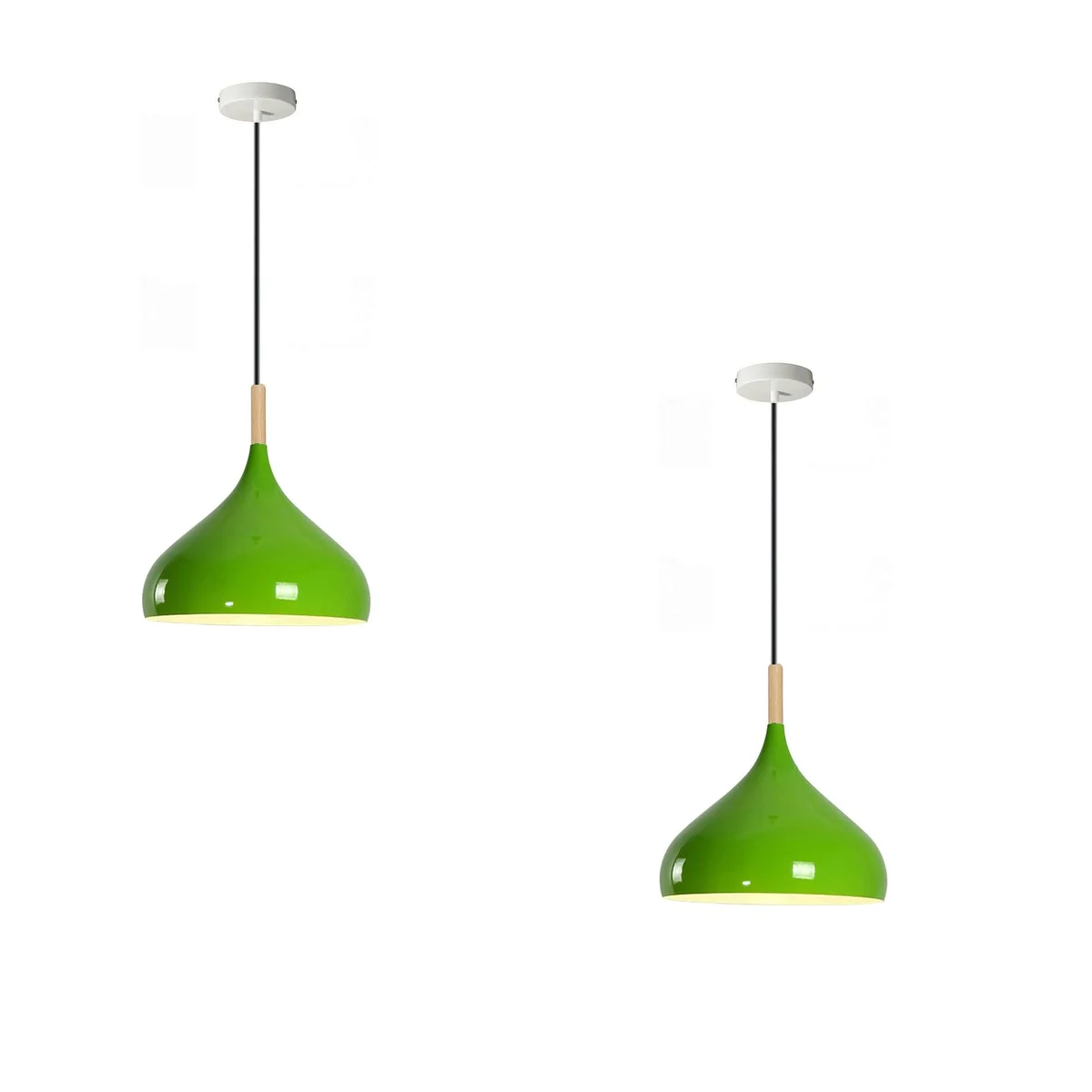 Two white metal adjustable hanging lamps with barn shades suspended over a kitchen island, showcasing industrial design
