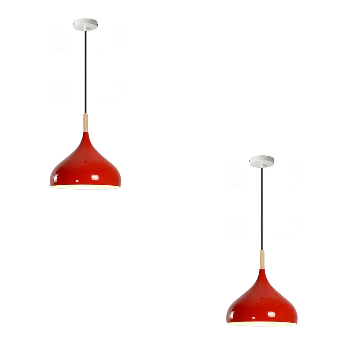 Two white metal adjustable pendant lights with barn shades hanging at different heights against a white background
