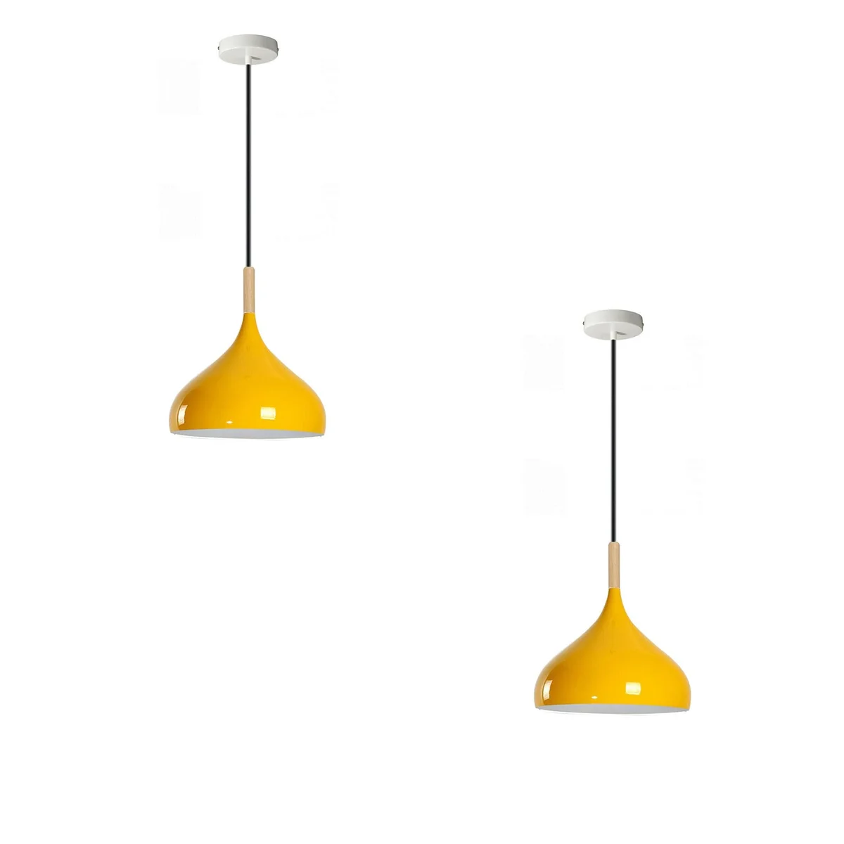 Two white metal barn shade adjustable pendant lights hanging side by side with black cords against a white background
