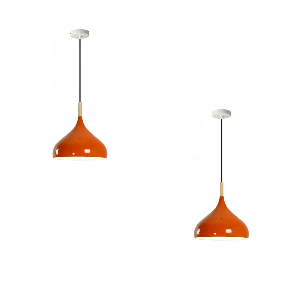 Two white metal barn shade adjustable pendant lights hanging at different heights against a plain background