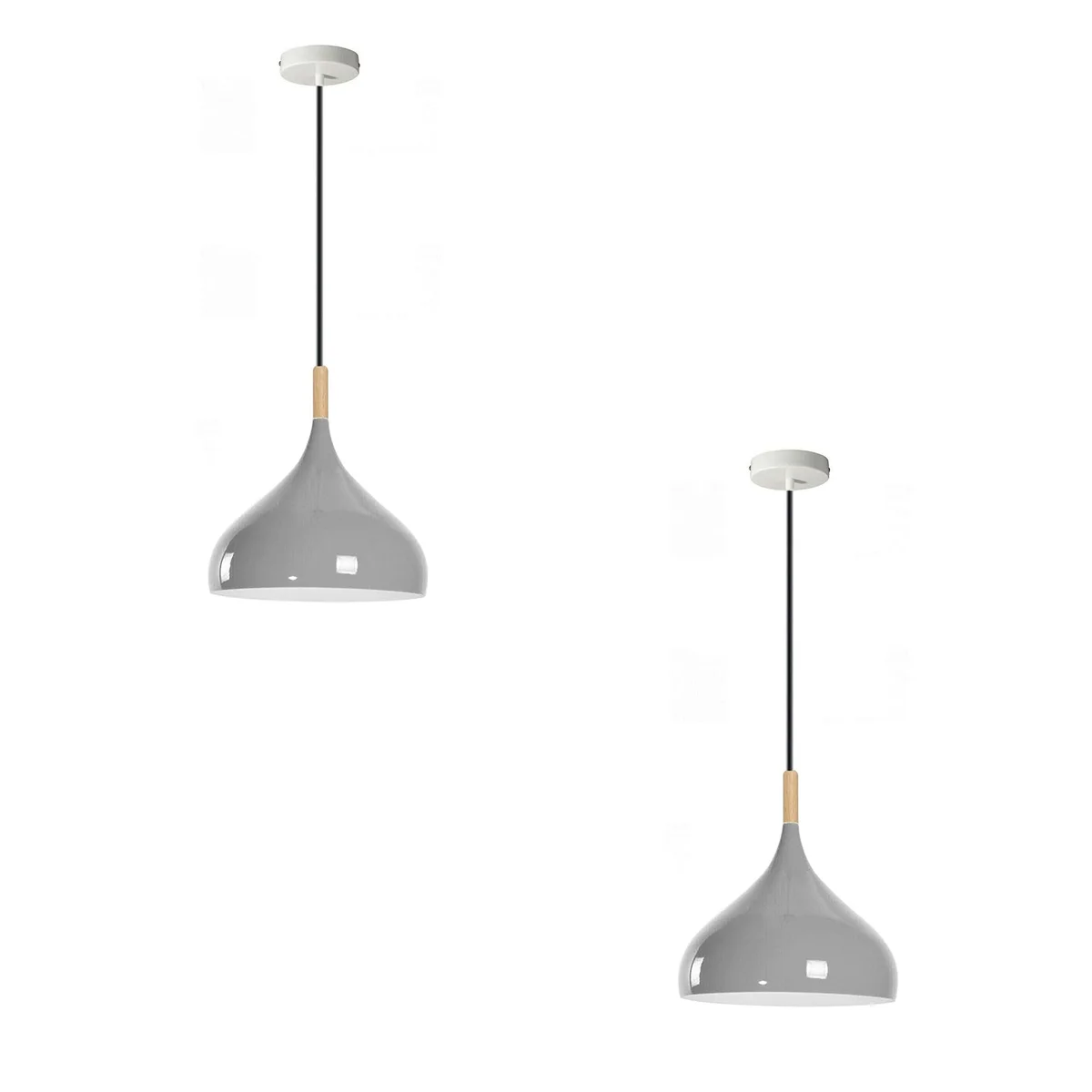 Two white metal adjustable pendant lights with barn shades hanging over a kitchen island, showcasing industrial style