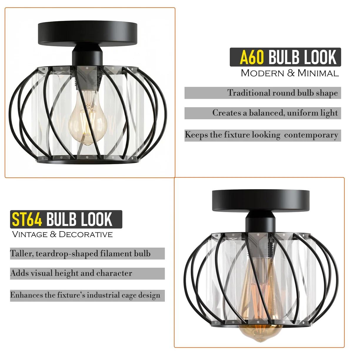 Black lantern shape ceiling light with bulb, 16cm crystal chandelier semi flush mount fixture