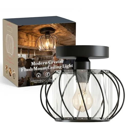 Black lantern-shaped semi flush ceiling light with crystal prisms and white metal base, 16cm diameter, modern design