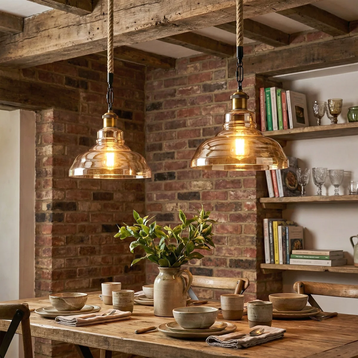 Vintage glass pendant light with eye‑catching iron fittings and a 100 cm hemp rope, creating a rustic industrial glow.