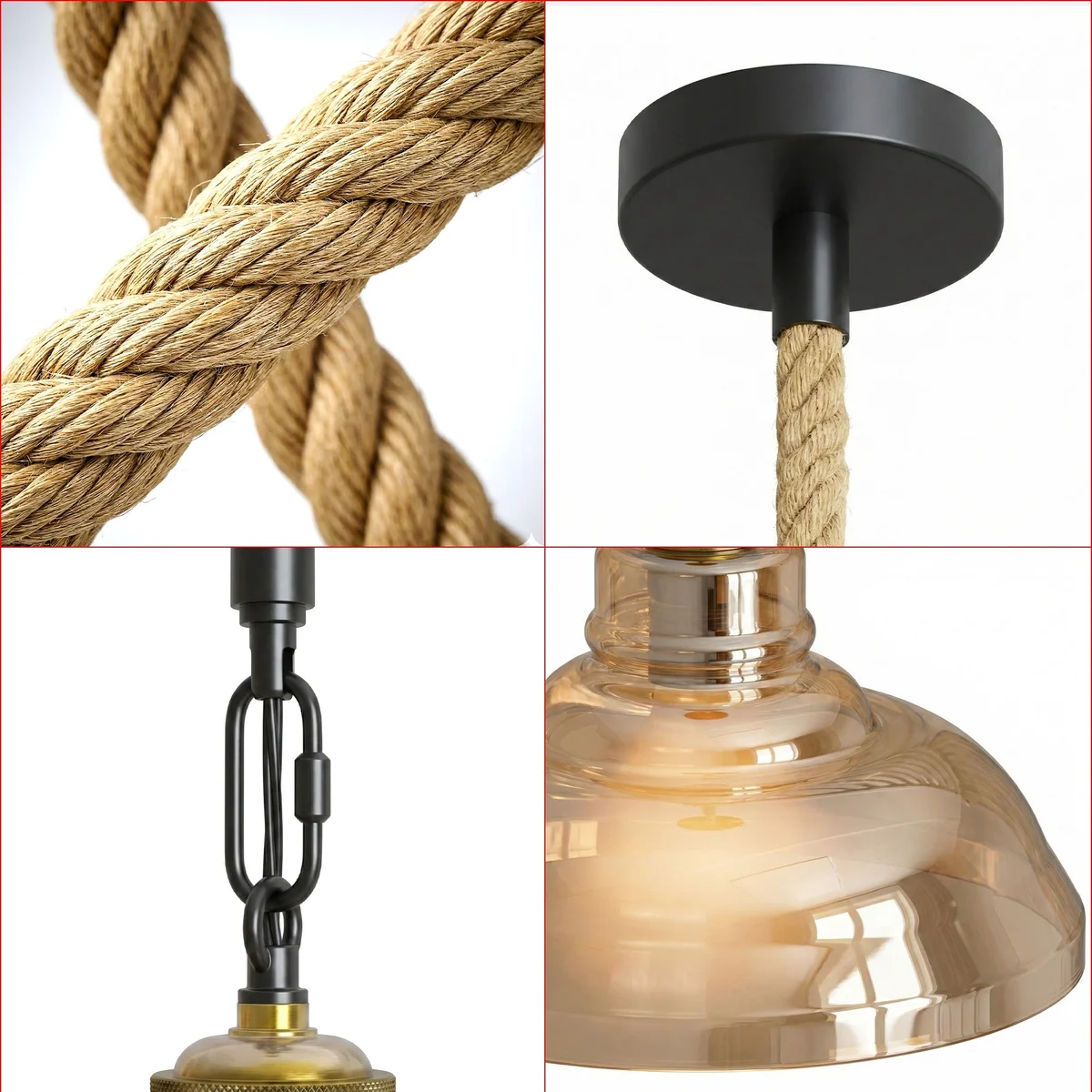 Vintage glass lampshade with iron fittings hung on 100cm hemp rope, classic rustic hanging light for interior.