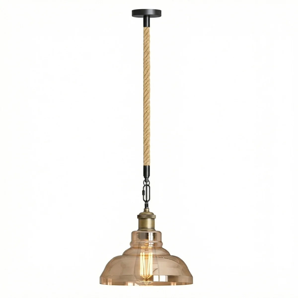 Vintage glass lamp with metal fittings and 100 cm hemp rope, hanging as an E27 pendant light, casting warm glow.