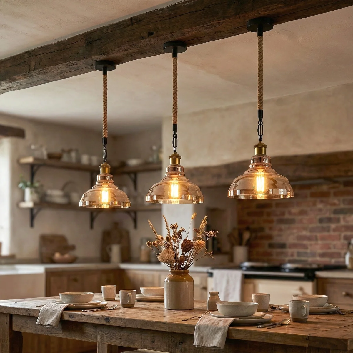 Vintage glass pendant light with iron base, 100cm hemp rope, rustic glass shade hanging from ceiling.