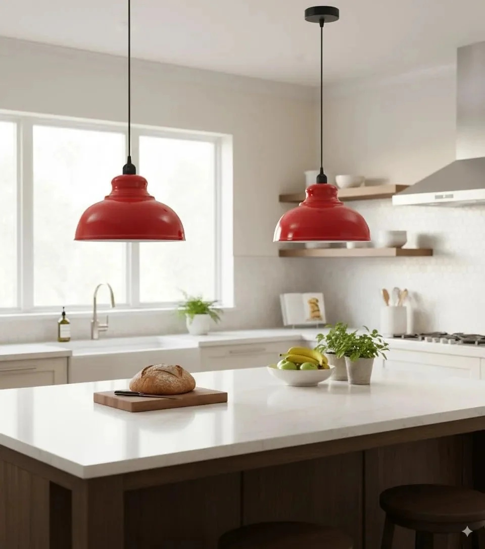 Two modern metal pendant lights with adjustable cables hanging, part of a modern pendant light set for indoor use