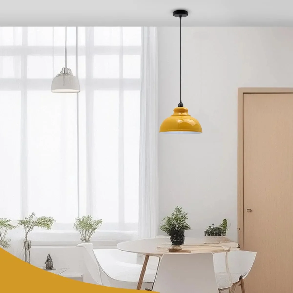 Two modern industrial style ceiling lights with metal shades hanging from adjustable PVC cables in a bright room setting