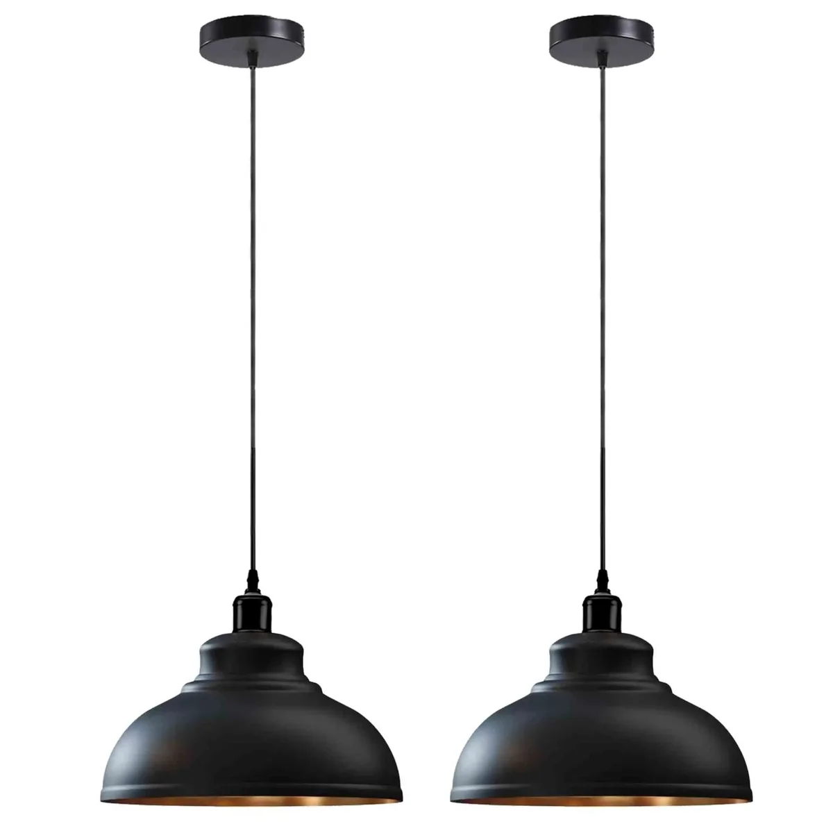 Two modern pendant light set fixtures with black metal shades hanging against a white background, showing adjustable cables