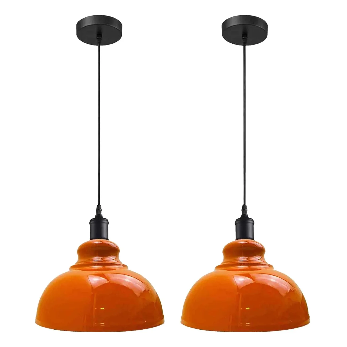 Two modern pendant light set fixtures with metal shades hanging from adjustable PVC cables against a white background