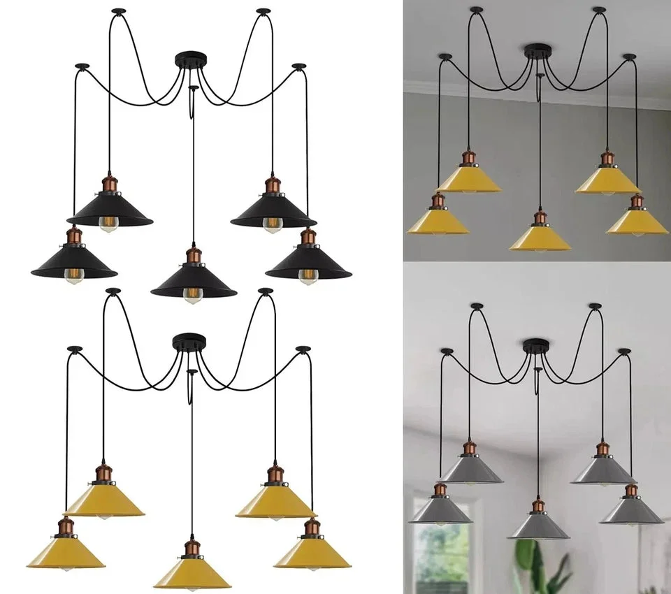 Black 5 way pendant light with five adjustable cone shades hanging from a single ceiling rose in industrial style
