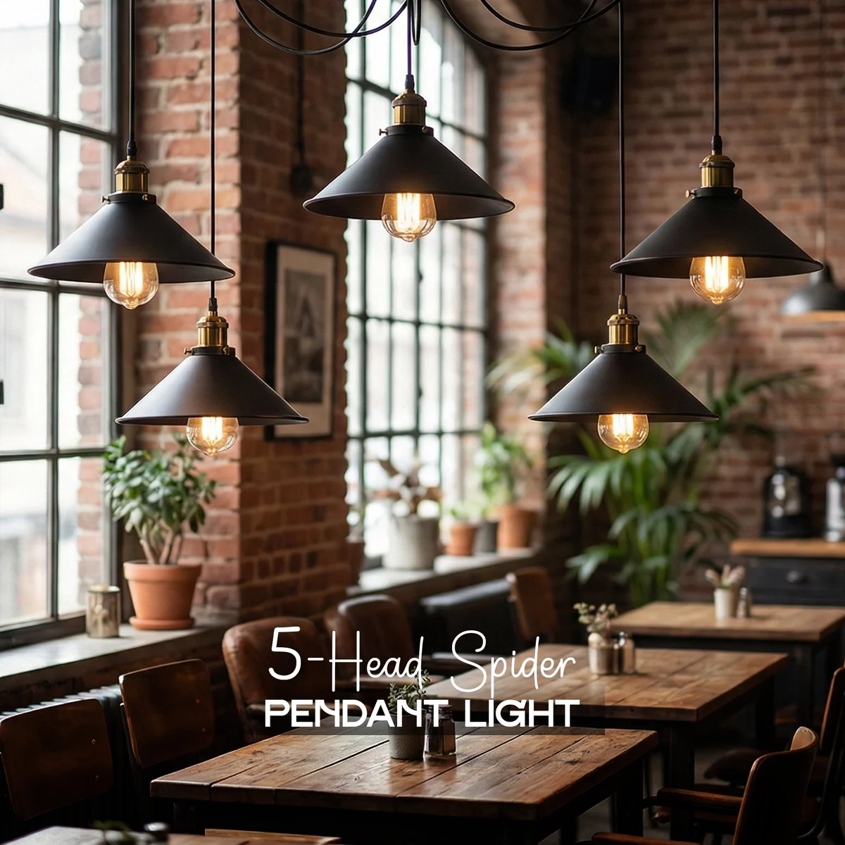 Black industrial hanging light with five adjustable cone shades on long cables, ceiling mounted with a round rose