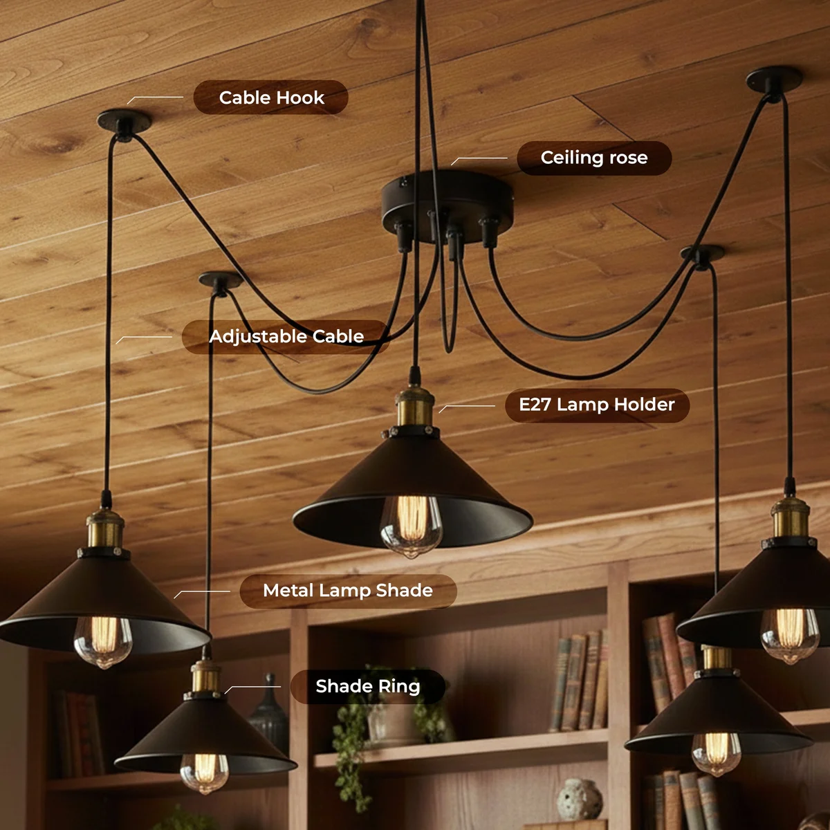 Black 5-way adjustable pendant light with cone shades hanging from a single ceiling rose in industrial style