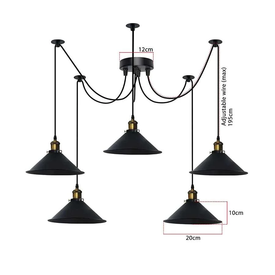 Black 5-way spider pendant light with adjustable cables and cone shades, a modern dimmable ceiling light for kitchens or dining rooms