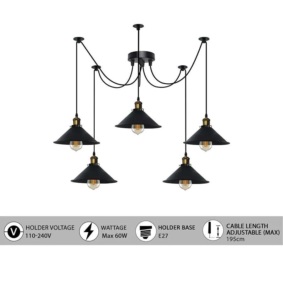 Black 5-way spider pendant light with adjustable cables and cone shades, compatible with E27 bulb pendant fittings