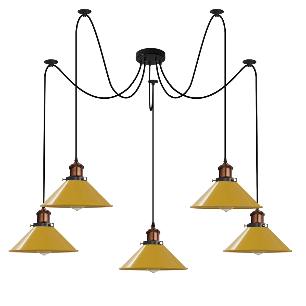 Black pendant light with five adjustable cone shades hanging from a single ceiling rose in industrial style