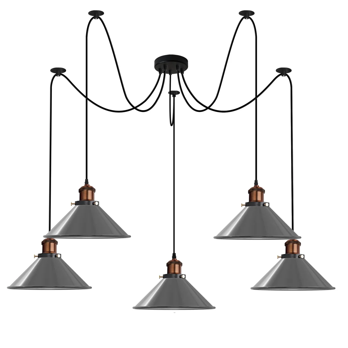 Black pendant light with five adjustable cone shades hanging from a single ceiling rose in industrial style
