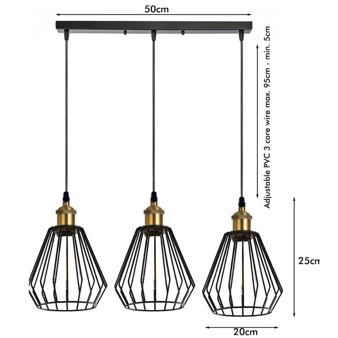 Matte black 3 head pendant light with three adjustable diamond-shaped wire cages and a 50cm rectangular base