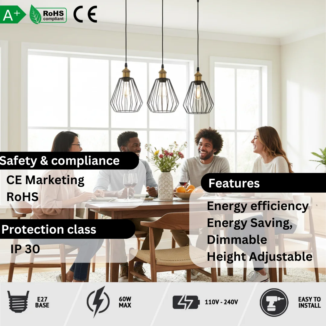 Three black diamond wire cages hanging from a 50cm base with adjustable height pendant cables in matte finish