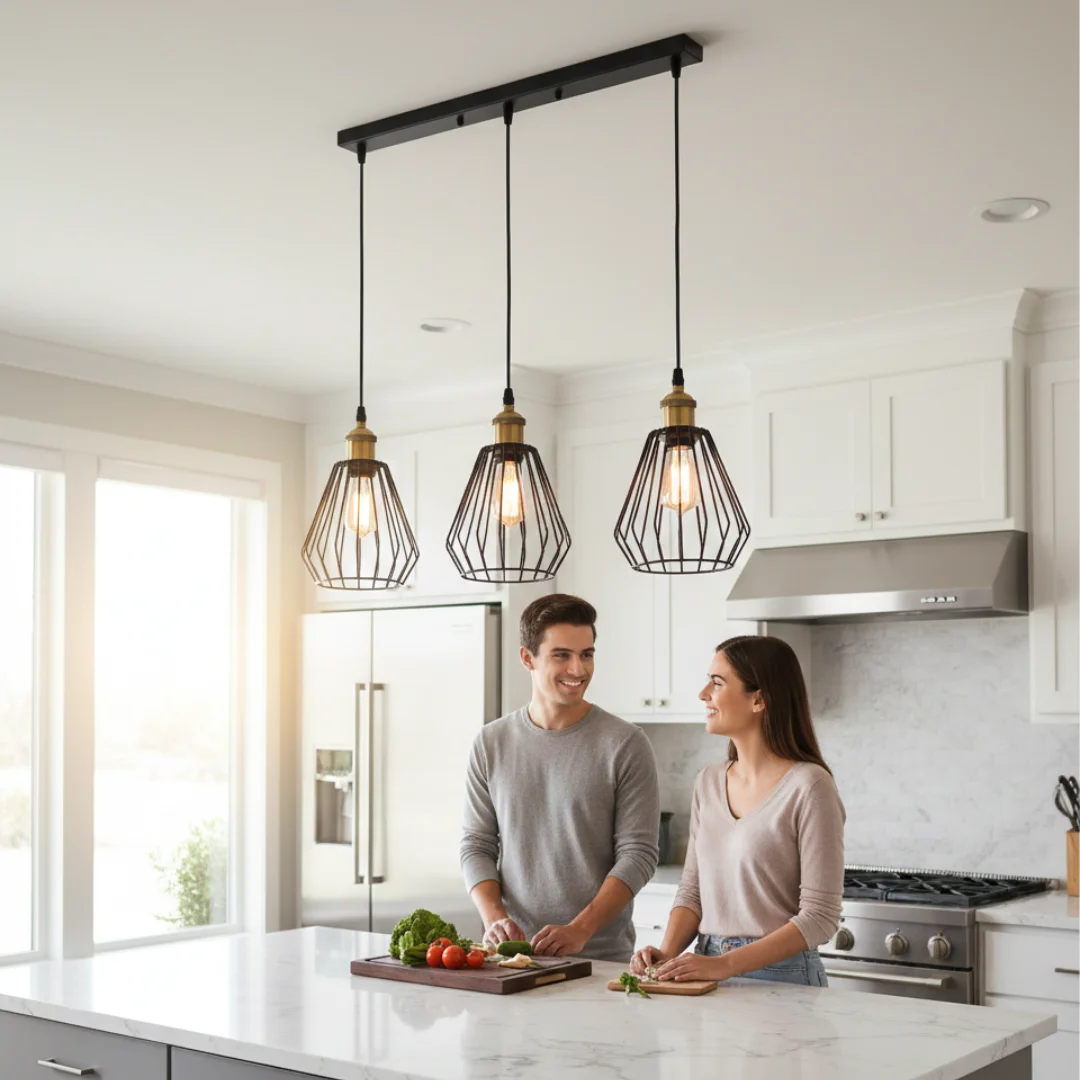 Three matte black diamond wire cages hanging from a 50cm rectangular base with adjustable cables, E27 bulb pendant style