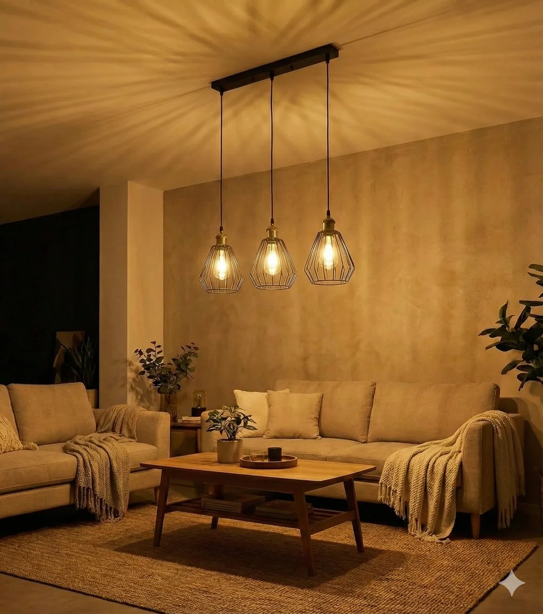 Three black metal cage pendant lights with diamond-shaped wire cages hanging from adjustable cables on a rectangular base