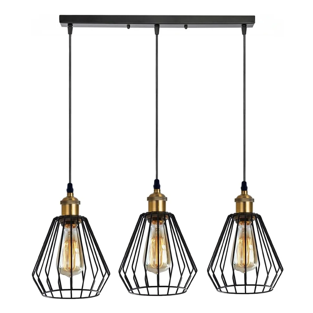 Three black pendant light cages with adjustable cables hanging from a rectangular matte black base against white background