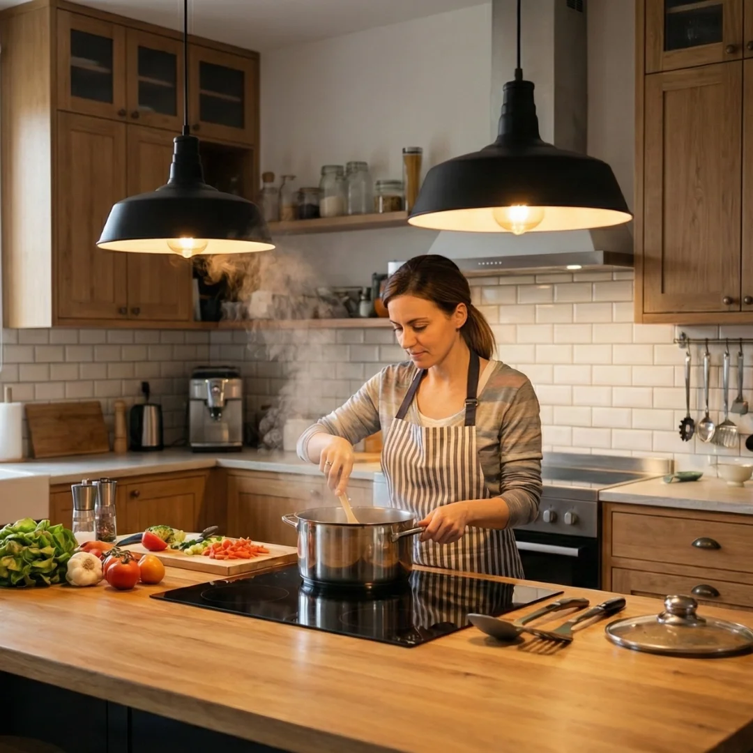 Black industrial pendant light with matte finish, curvy dome shade, and adjustable hanging cable against white background