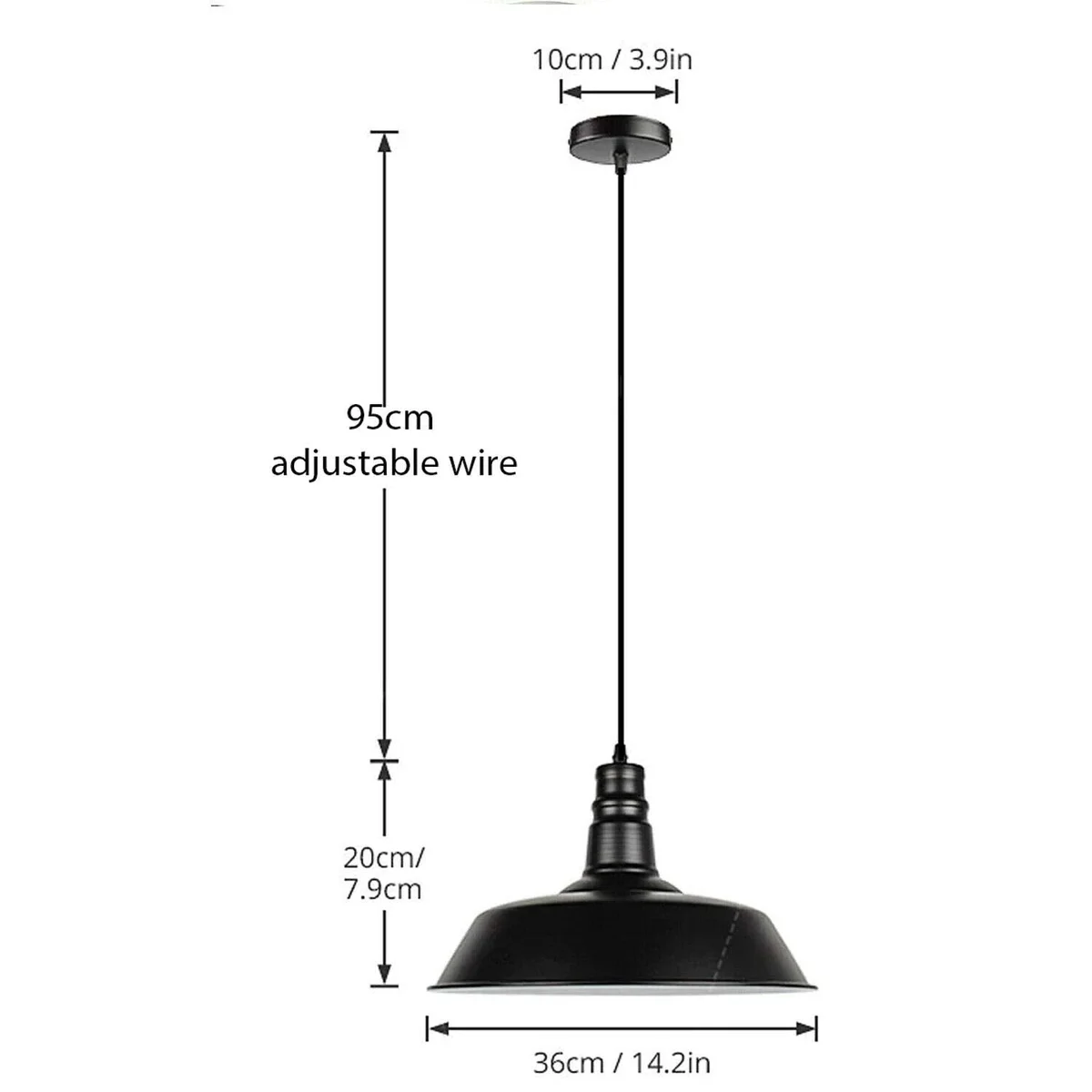 Black pendant light with matte black iron dome shade hanging from adjustable cable against white background