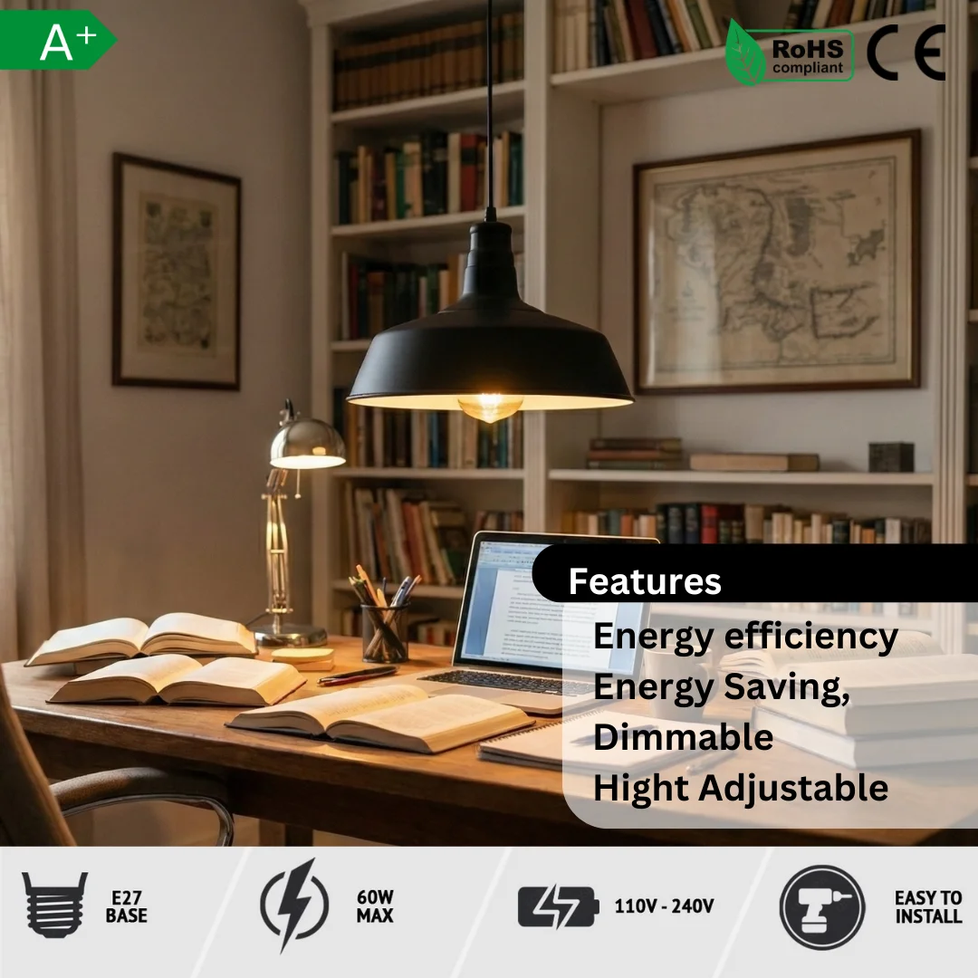 Matte black industrial adjustable hanging light with curvy pearl dome shade and black ceiling rose against white background