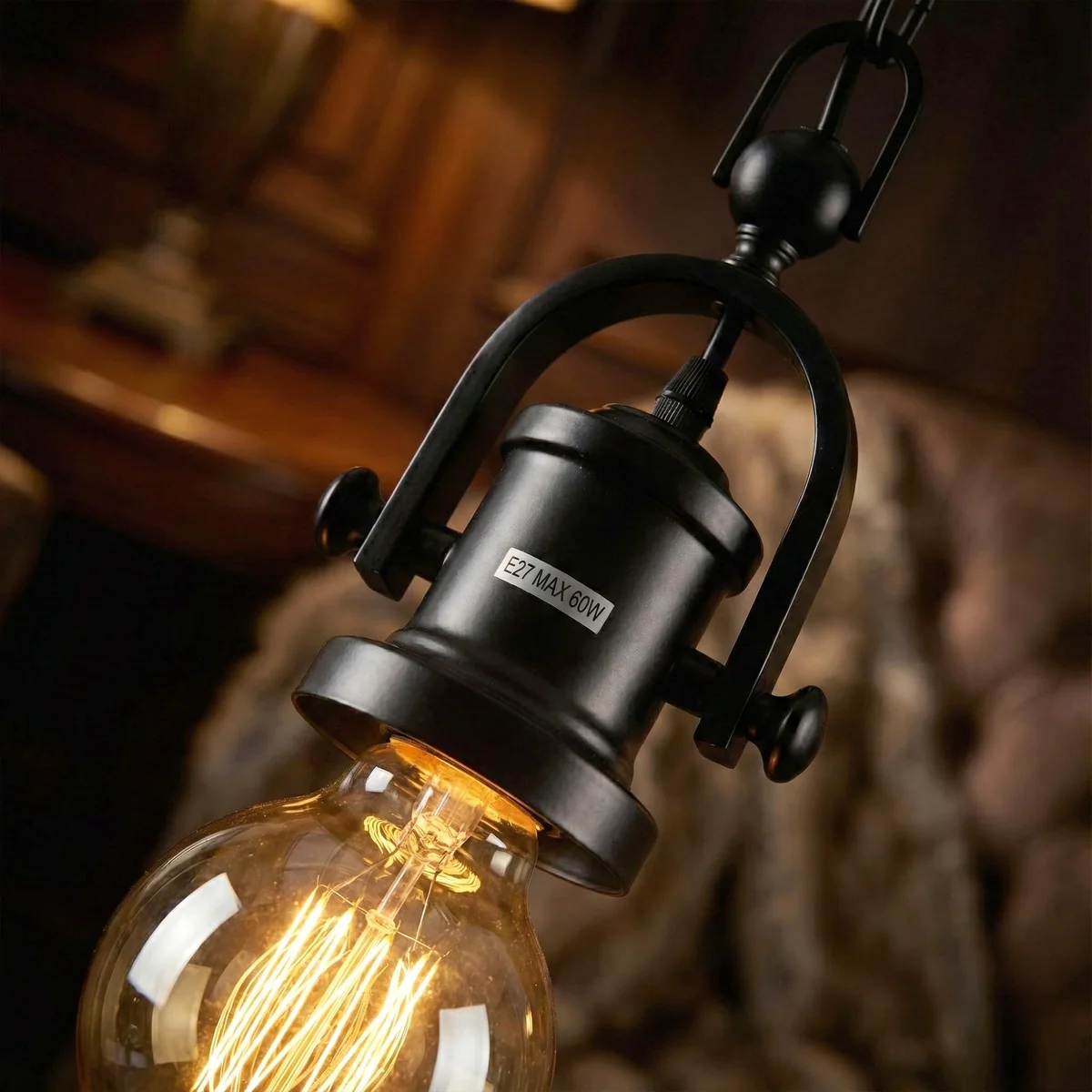 Black pendant light chain with 1m three-core cable and metal ceiling rose for adjustable vintage pendant lighting setup