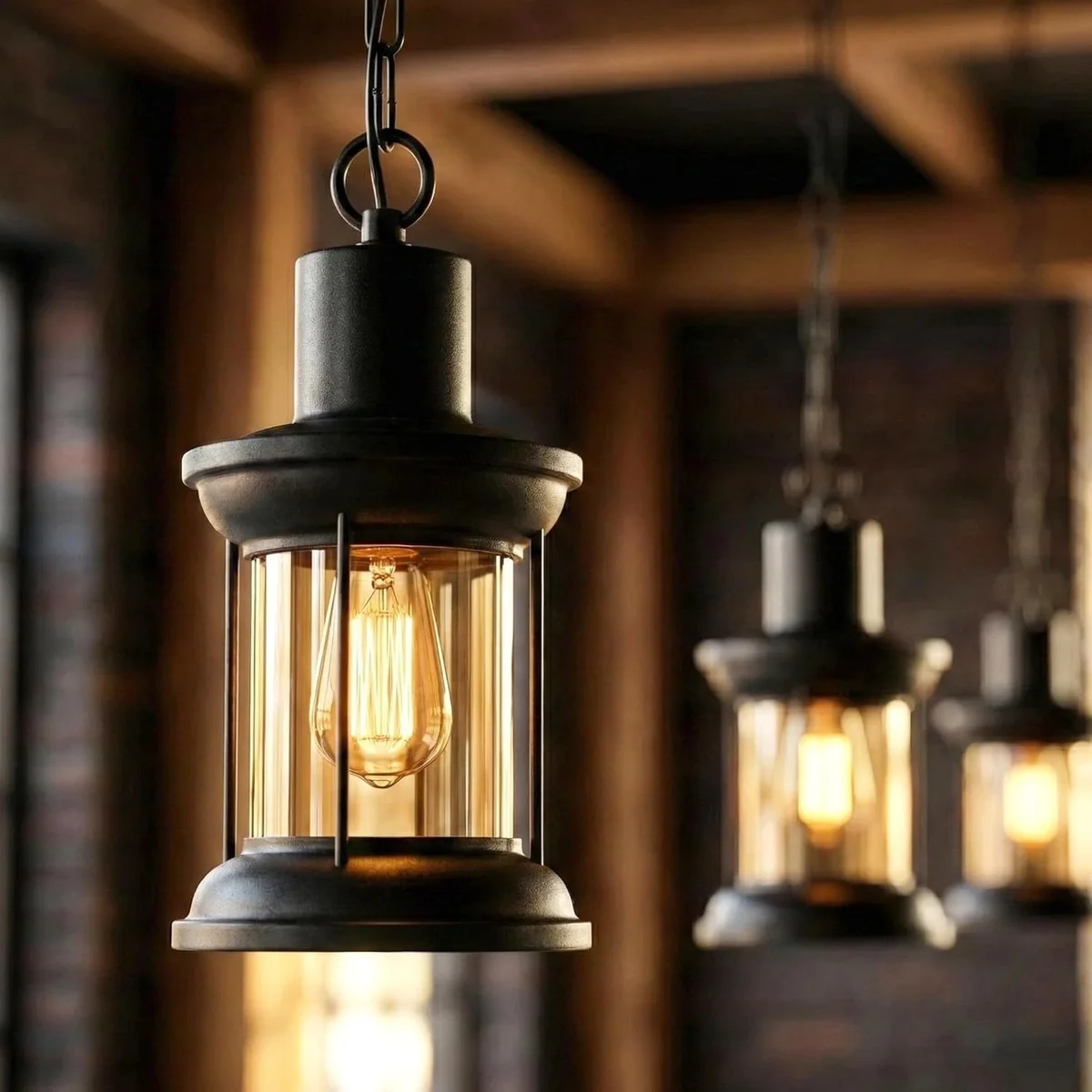 Adjustable vintage farmhouse lamp with black metal cage and clear glass dome pendant light hanging from ceiling