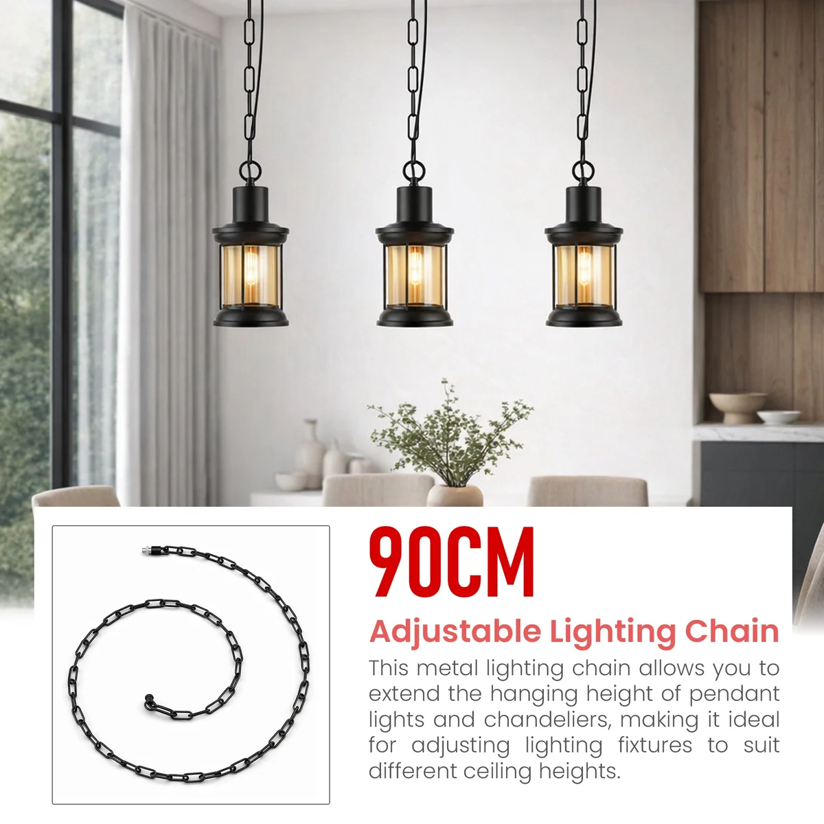 Adjustable hanging light with matte black metal cage and clear glass dome, vintage farmhouse style ceiling pendant lamp
