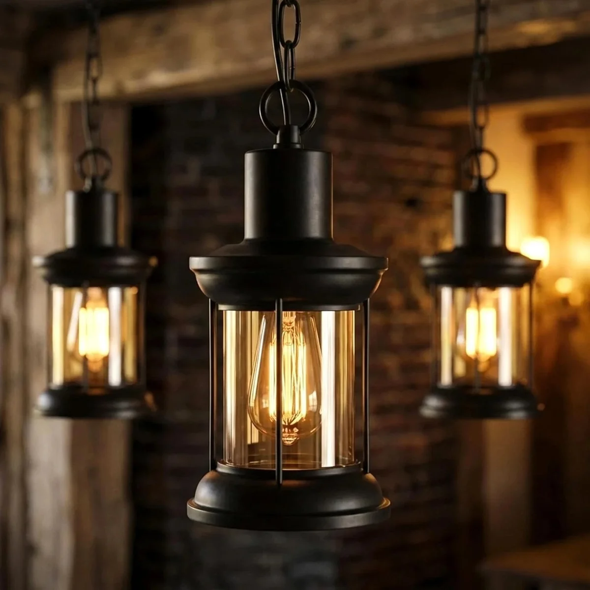 Adjustable vintage farmhouse lamp with matte black metal cage and clear glass dome pendant hanging from ceiling chain