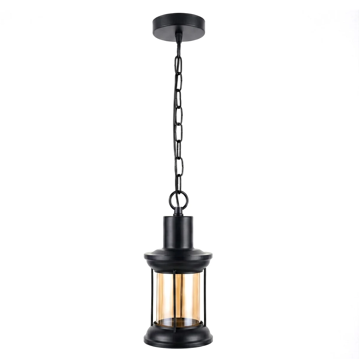 Adjustable vintage farmhouse lamp with black metal cage and clear glass dome pendant light hanging from ceiling chain