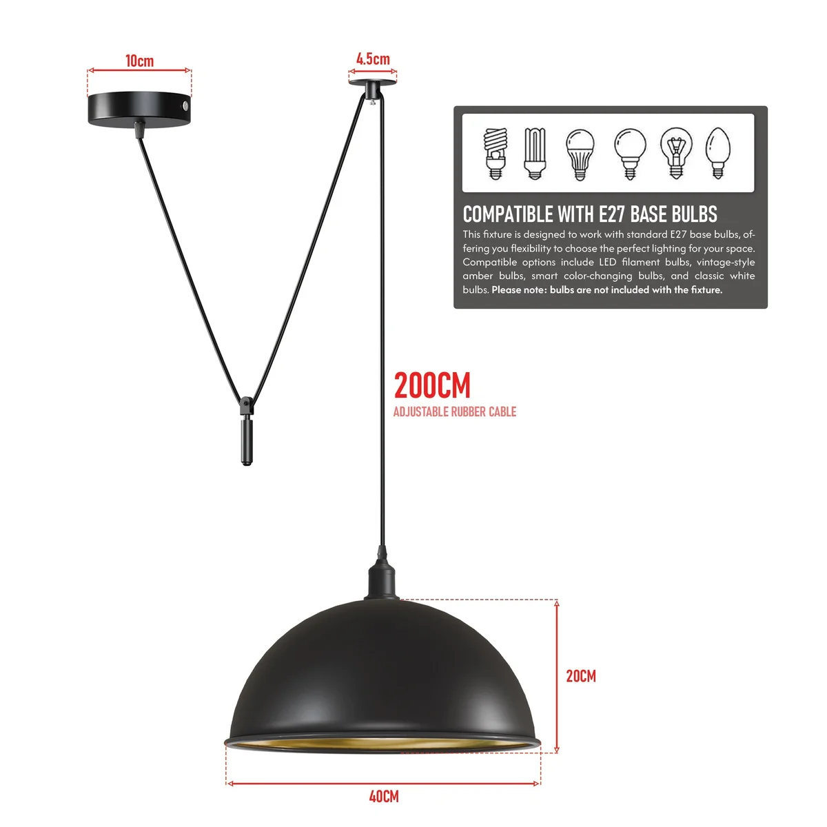 Black industrial adjustable pendant light with dome shade and visible pulley system hanging from ceiling