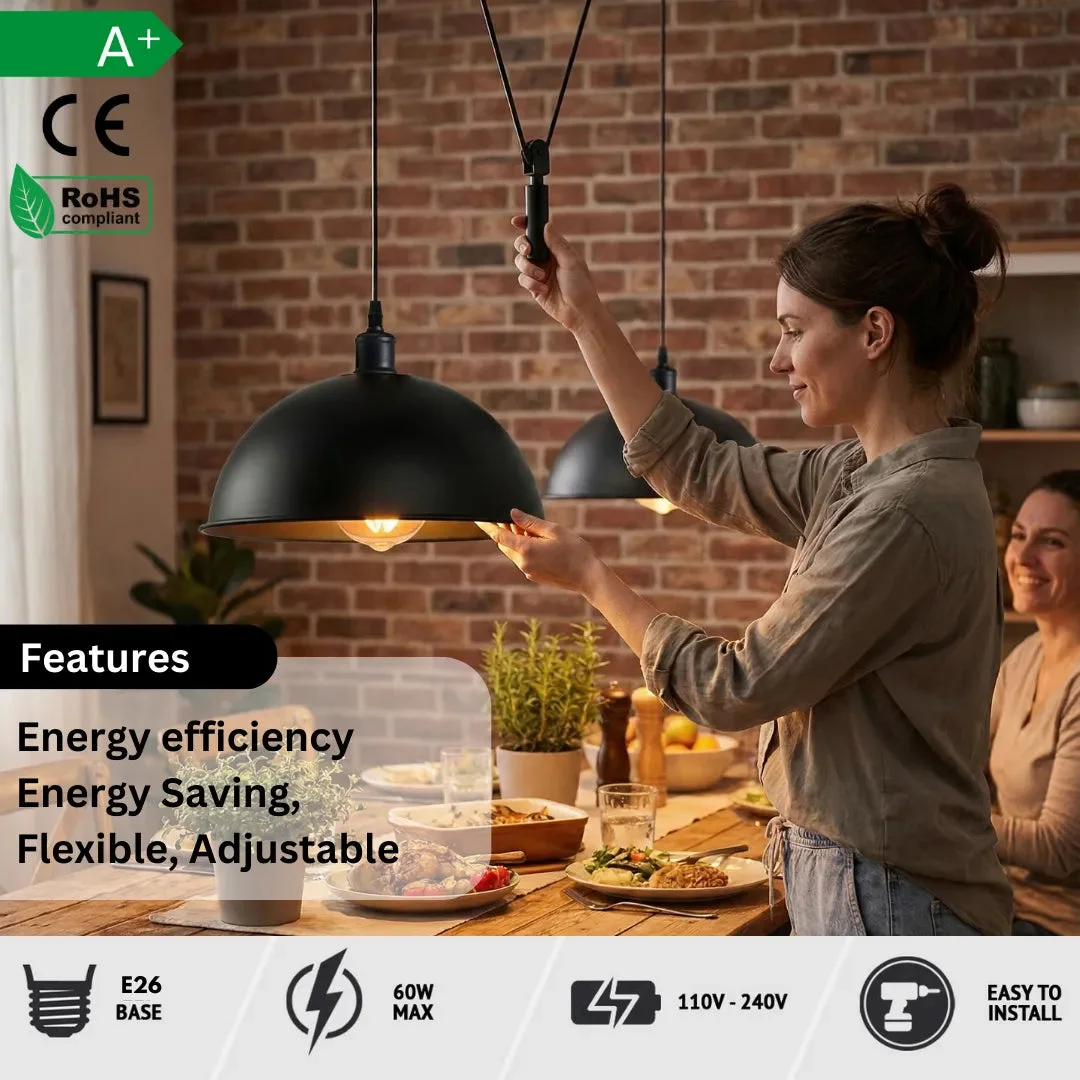 Black dome light with vintage industrial pulley system hanging from ceiling, adjustable height with counterweight and black metal shade