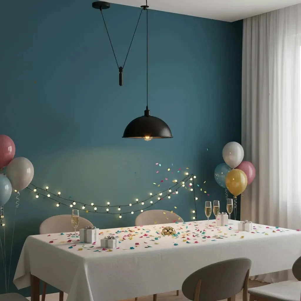 Black pulley pendant light with adjustable rise and fall system, featuring a 40cm dome shade and exposed pulley wheels