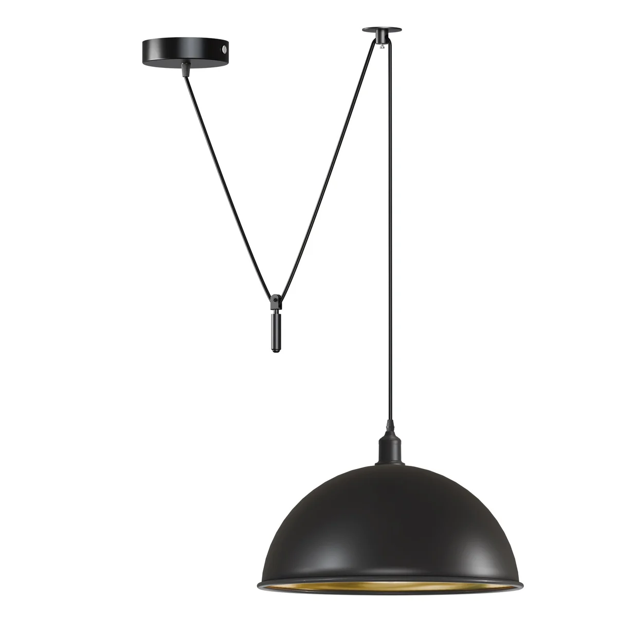 Black industrial rise and fall pulley pendant light with black dome shade and E27 bulb pendant fitting hanging from ceiling