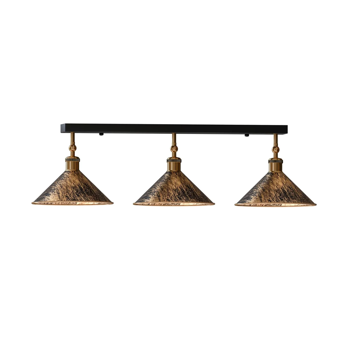 Three-arm vintage ceiling light in brushed copper finish with adjustable holders on a white ceiling background