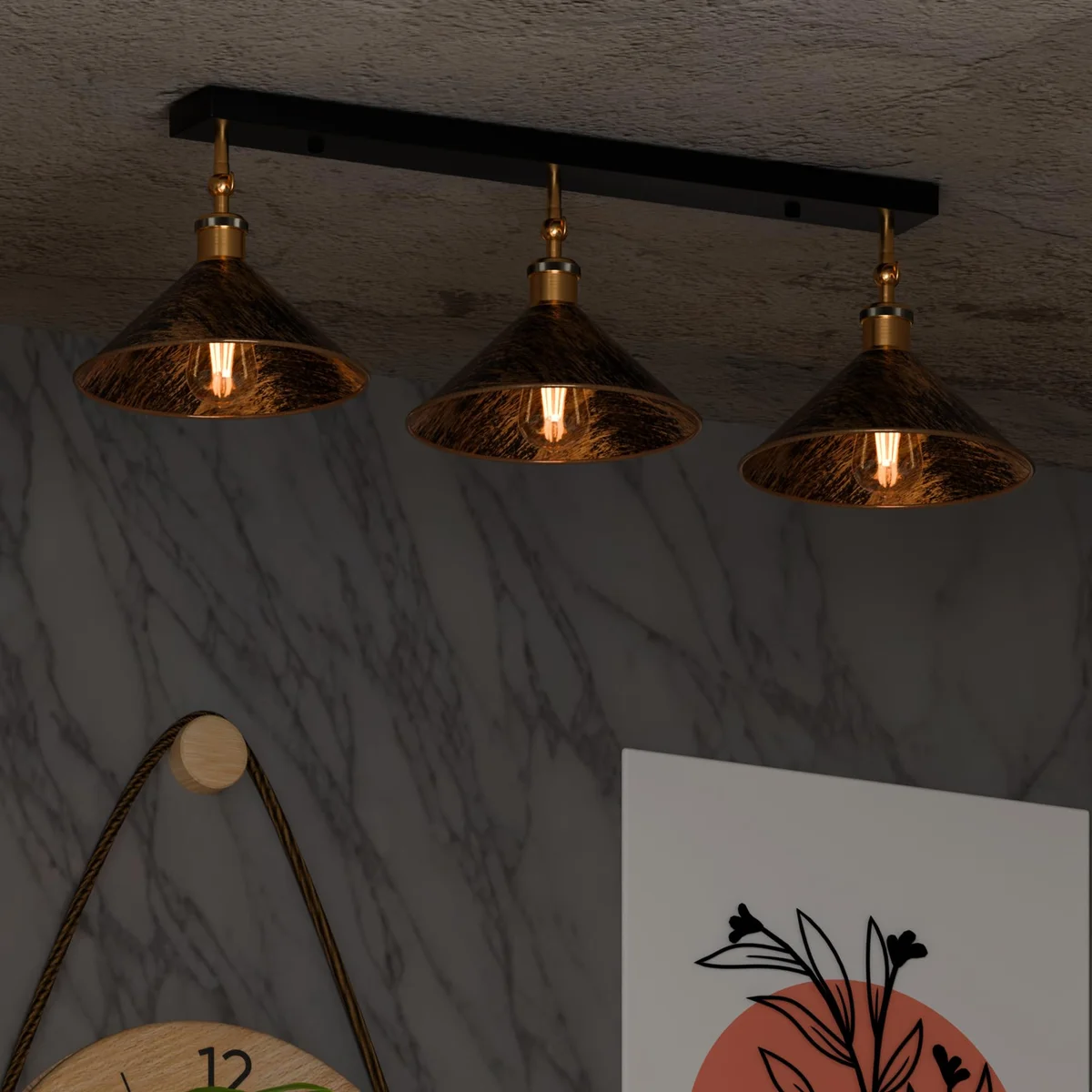 Brushed copper adjustable ceiling light with three arms mounted on a 50cm semi flush ceiling rose
