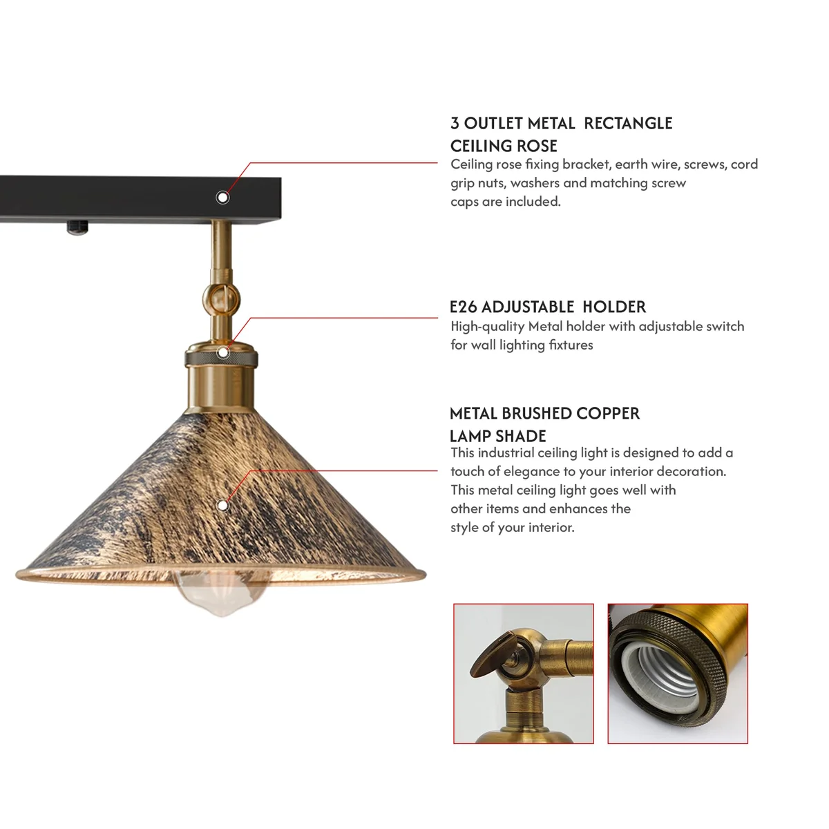 Brushed copper metal ceiling lamp with three adjustable arms and anti-rust finish mounted on white ceiling