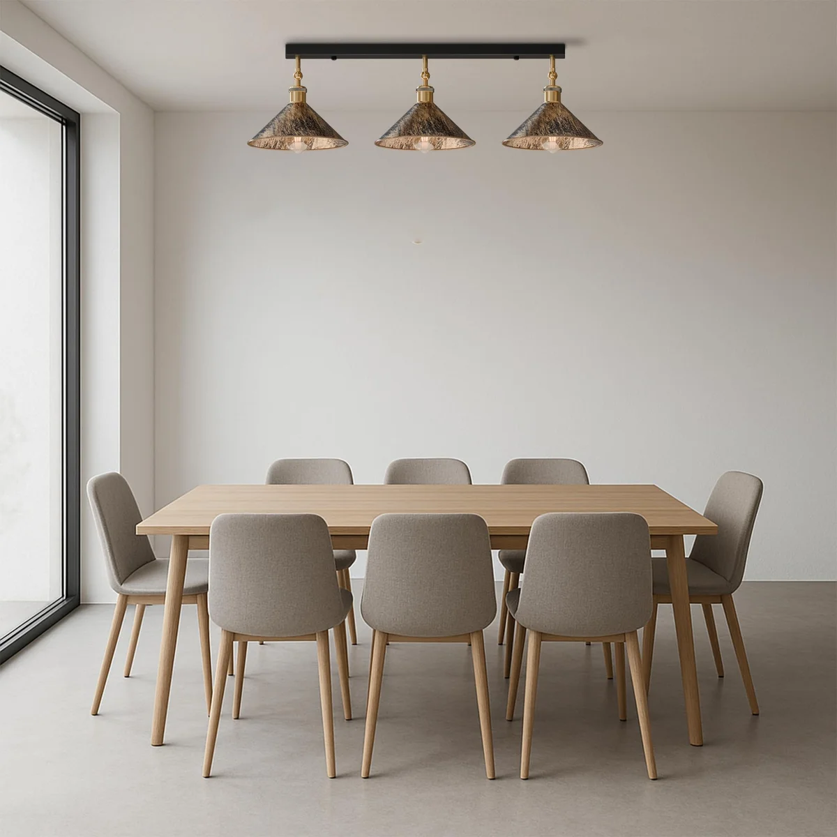 3-light semi flush mount kitchen ceiling light with brushed copper finish and adjustable arms on white ceiling