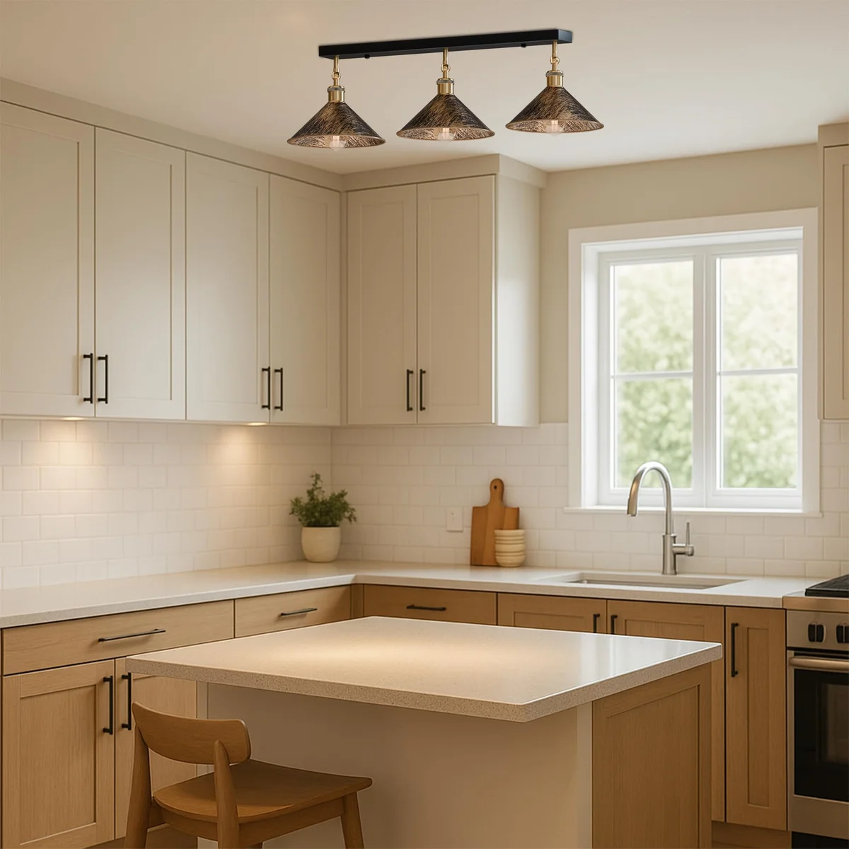 3 light ceiling light with brushed copper finish and three adjustable arms mounted on a ceiling in a modern room