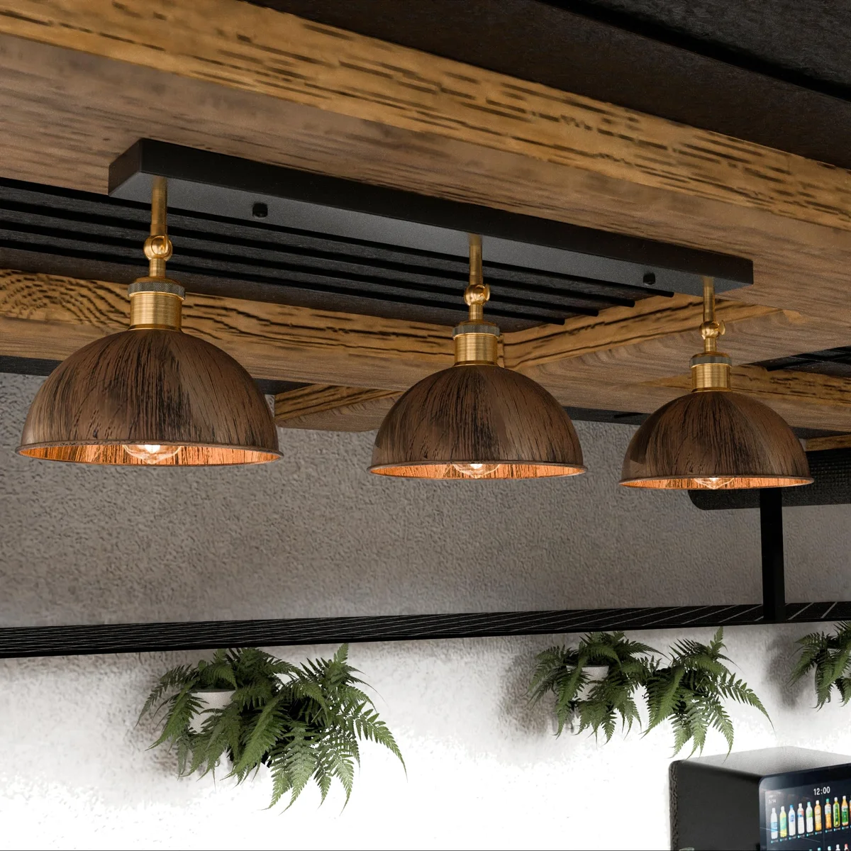 3 light ceiling light with three adjustable arms and brushed copper finish mounted on a semi-flush ceiling plate