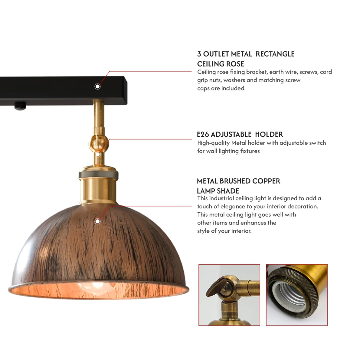 Three-arm vintage style ceiling light with adjustable brushed copper finish mounted on white ceiling