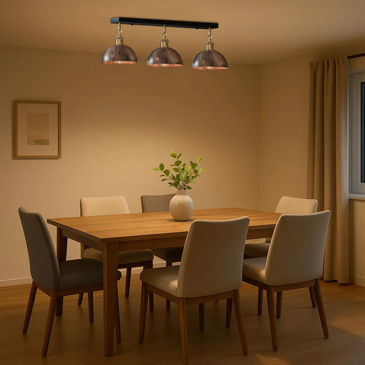 Three-arm adjustable semi flush mount light with brushed copper finish and metal construction on white ceiling background