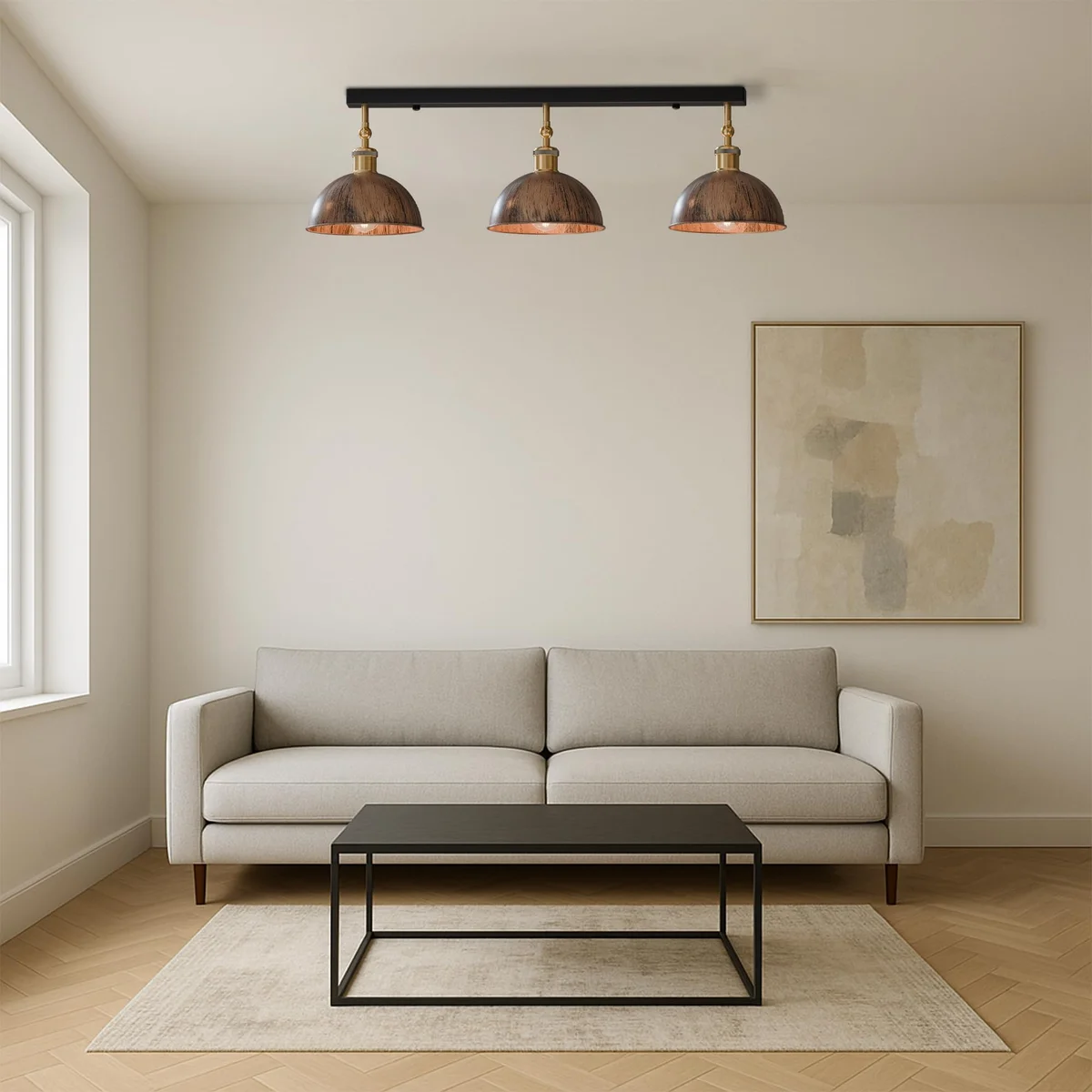 Brushed copper ceiling light with three adjustable arms mounted on a 50cm semi-flush metal ceiling rose