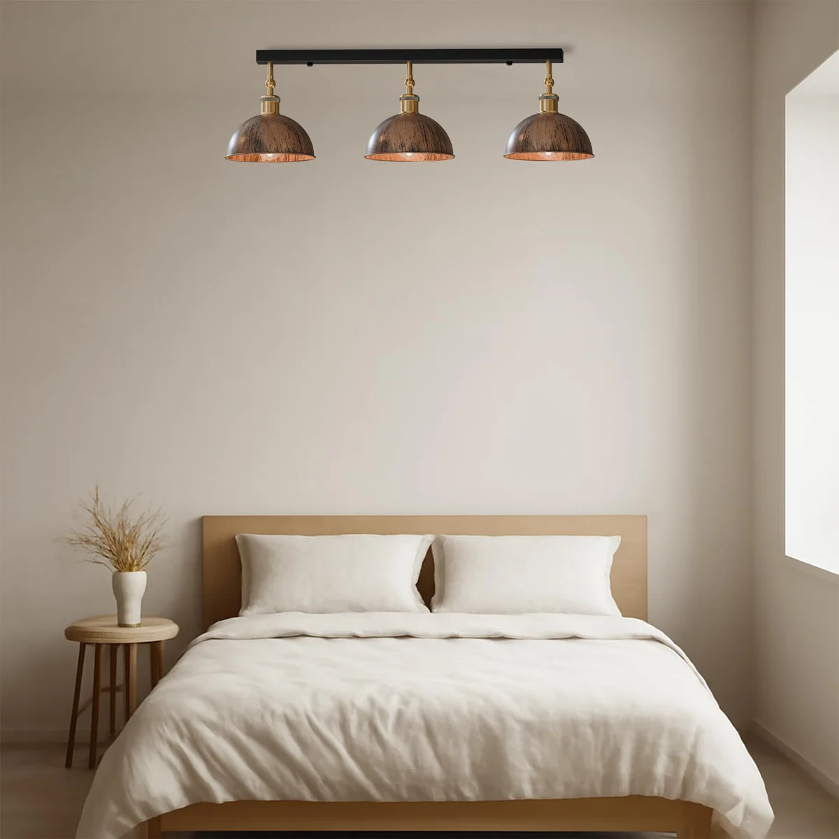 3 light ceiling light with three adjustable brushed copper arms mounted on a 50cm semi flush ceiling rose