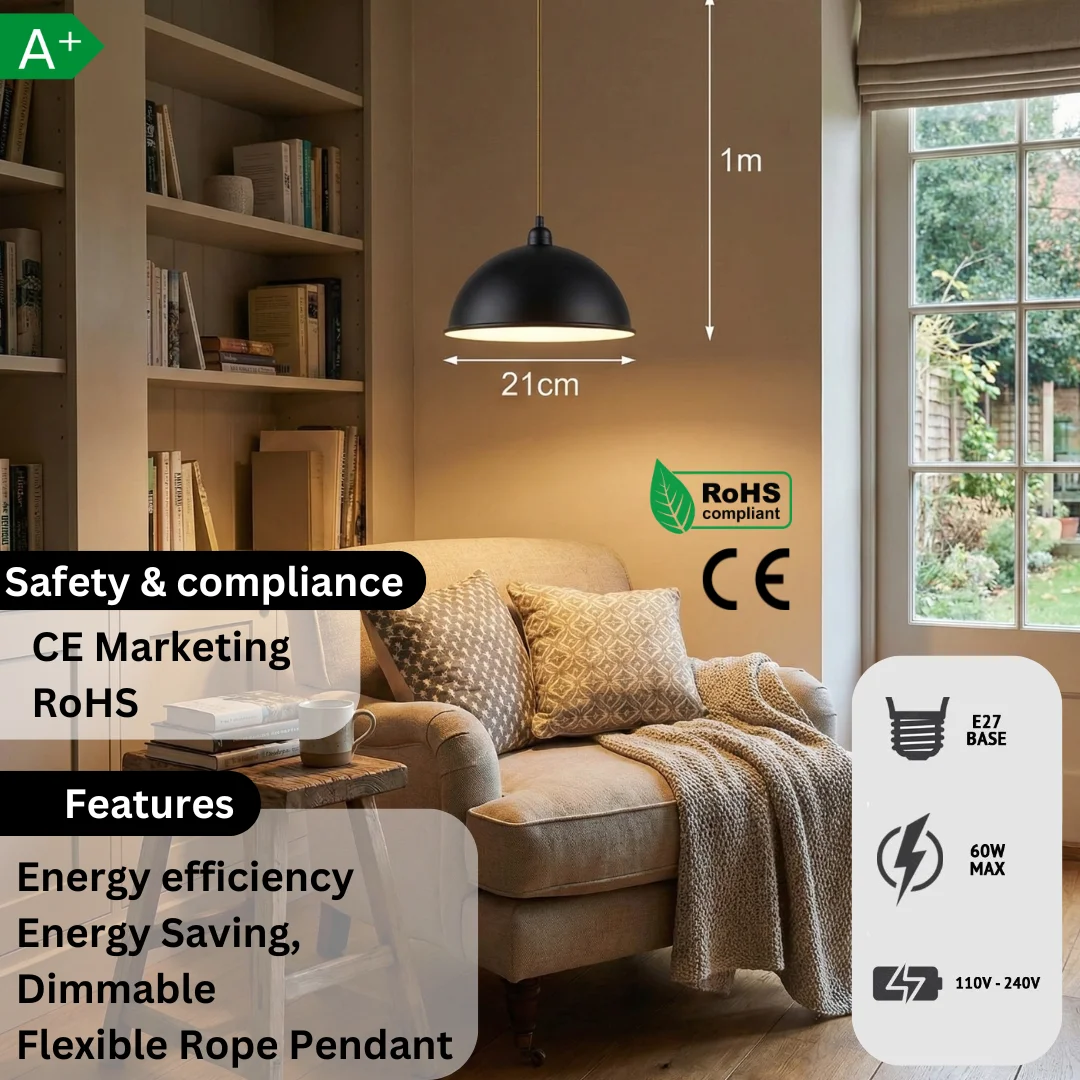 Metal and hemp rope pendant light with a 95cm adjustable cable, sloped ceiling design, an E27 bulb pendant.